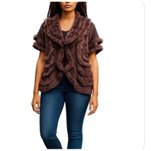 Linda Richards Women’s Waist-Length Rabbit-Fur Jacket. Purple/Black. Small